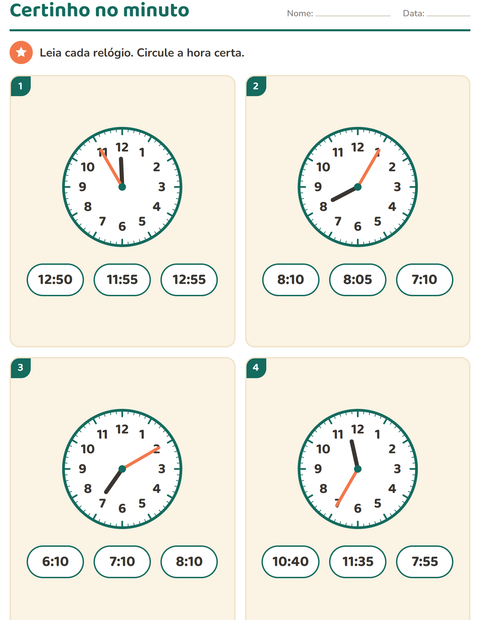 Pré-visualização da ficha de Ver as horas para 3º ano do ensino fundamental