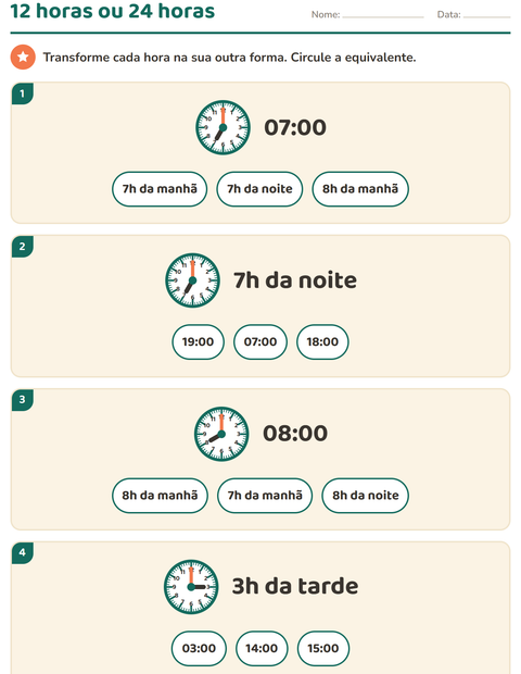 Pré-visualização da ficha de Ver as horas para 3º ano do ensino fundamental