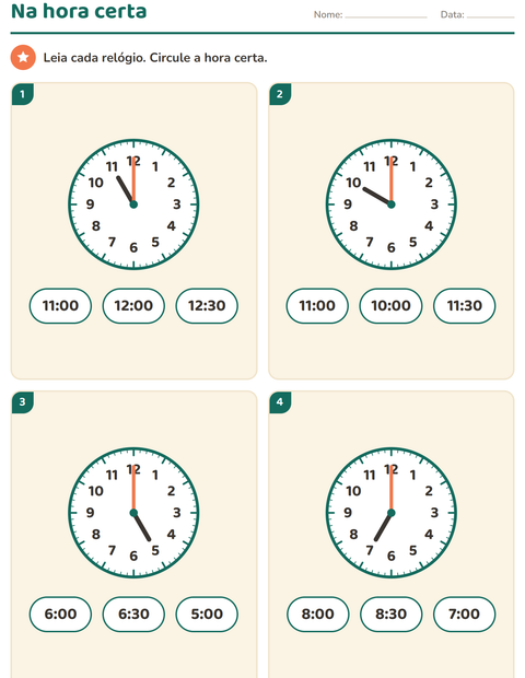 Pré-visualização da ficha de Ver as horas para 1º ano do ensino fundamental