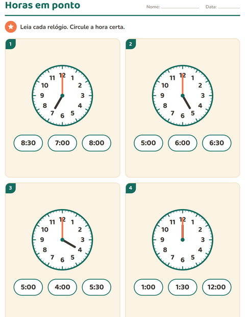 Pré-visualização da ficha de Ver as horas para 1º ano do ensino fundamental