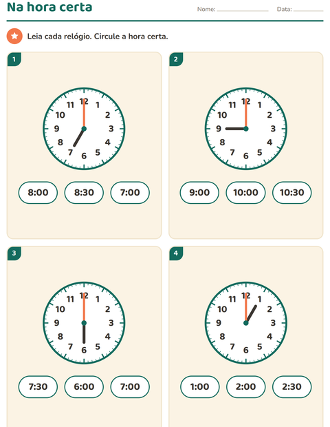 Pré-visualização da ficha de Ver as horas para 1º ano do ensino fundamental