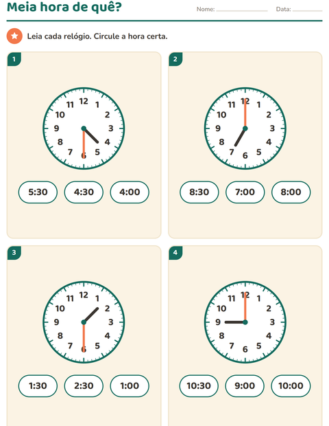 Pré-visualização da ficha de Ver as horas para 1º ano do ensino fundamental