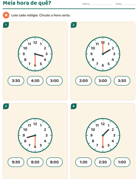 Pré-visualização da ficha de Ver as horas para 1º ano do ensino fundamental