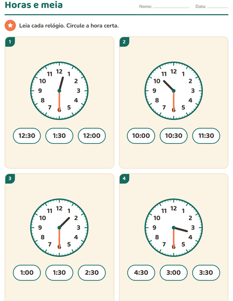 Pré-visualização da ficha de Ver as horas para 1º ano do ensino fundamental