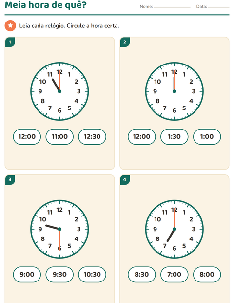 Pré-visualização da ficha de Ver as horas para 1º ano do ensino fundamental