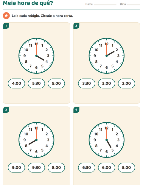 Pré-visualização da ficha de Ver as horas para 1º ano do ensino fundamental