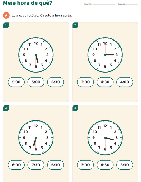 Pré-visualização da ficha de Ver as horas para 1º ano do ensino fundamental