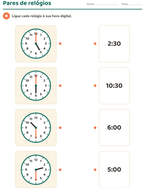 Pré-visualização da ficha de Ver as horas para 1º ano do ensino fundamental