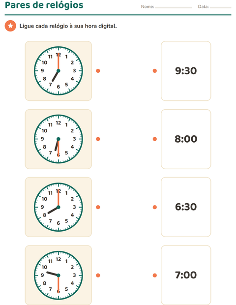 Pré-visualização da ficha de Ver as horas para 1º ano do ensino fundamental