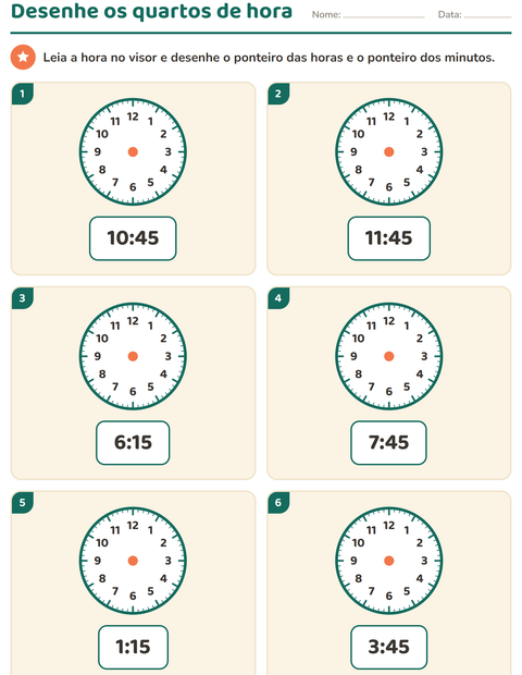 Quartos de hora no relógio: :15, :30 e :45