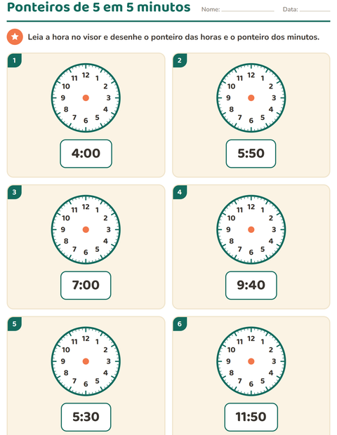Horas de 5 em 5 minutos: ponteiros no mostrador
