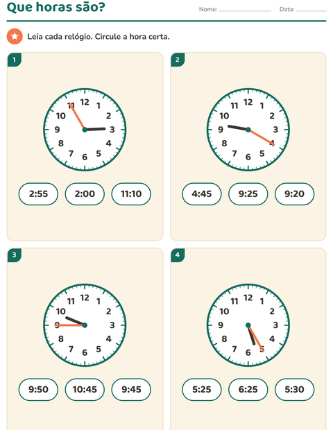 Que horas são no 2º ano: de 5 em 5 minutos e os quartos de hora — 3