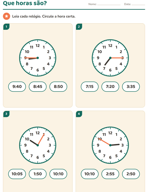 Que horas são no 2º ano: de 5 em 5 minutos e os quartos de hora — 5