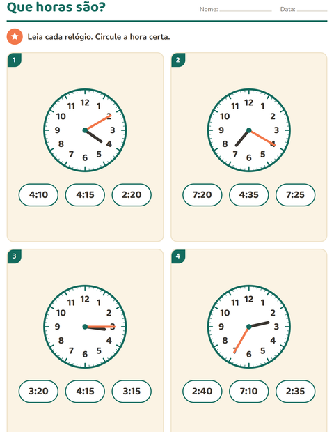 Pré-visualização da ficha de Ver as horas para 2º ano do ensino fundamental
