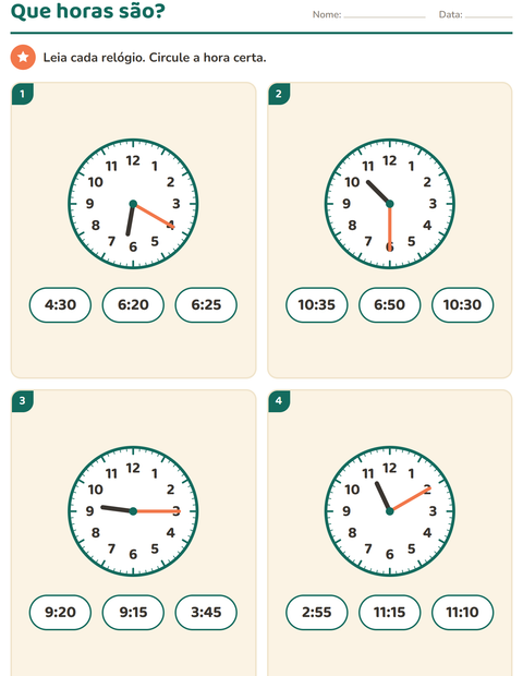 Pré-visualização da ficha de Ver as horas para 2º ano do ensino fundamental