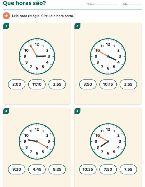 Pré-visualização da ficha de Ver as horas para 2º ano do ensino fundamental