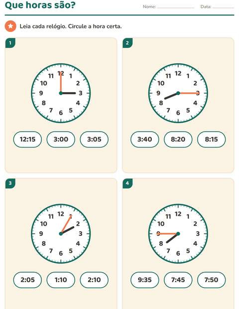 Pré-visualização da ficha de Ver as horas para 2º ano do ensino fundamental