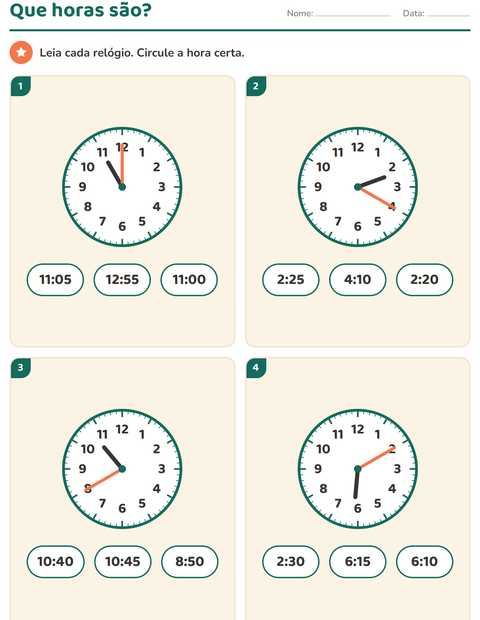Pré-visualização da ficha de Ver as horas para 2º ano do ensino fundamental