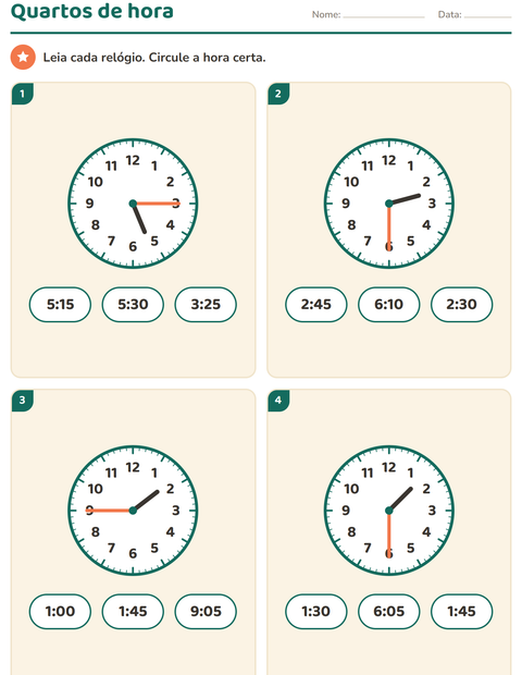 Pré-visualização da ficha de Ver as horas para 2º ano do ensino fundamental