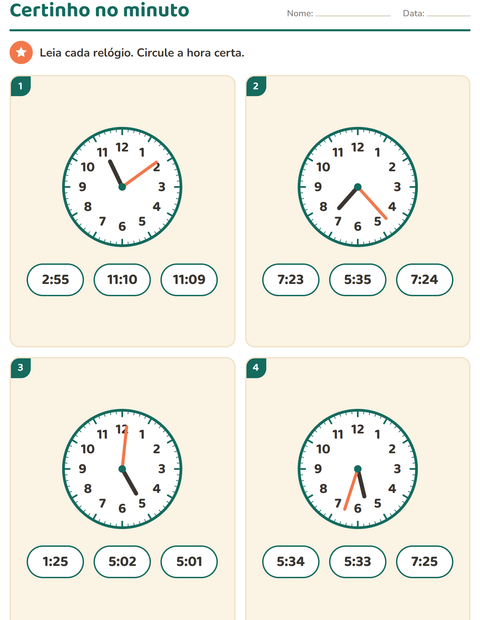 Pré-visualização da ficha de Ver as horas para 3º ano do ensino fundamental