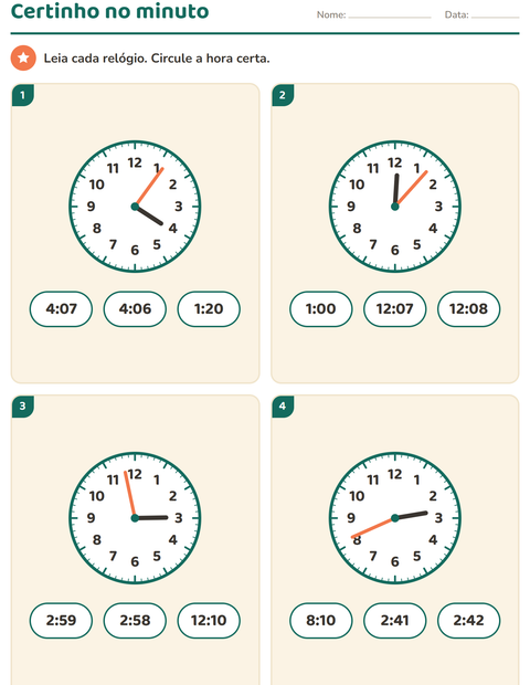 Pré-visualização da ficha de Ver as horas para 3º ano do ensino fundamental