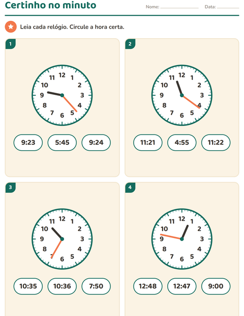 Pré-visualização da ficha de Ver as horas para 3º ano do ensino fundamental