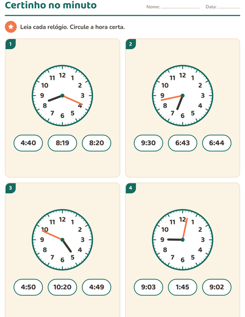 Pré-visualização da ficha de Ver as horas para 3º ano do ensino fundamental