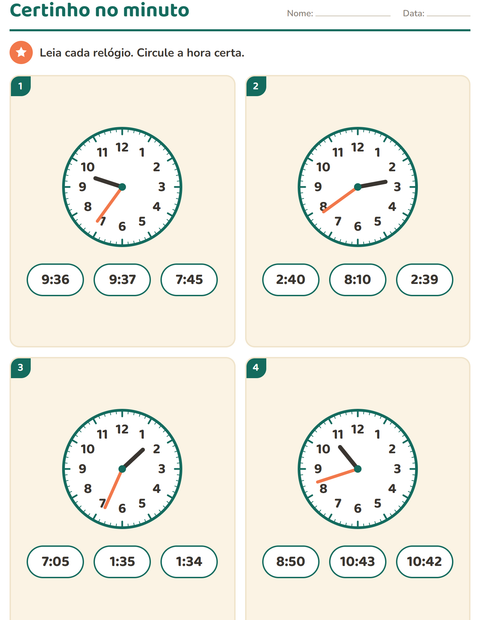Pré-visualização da ficha de Ver as horas para 3º ano do ensino fundamental