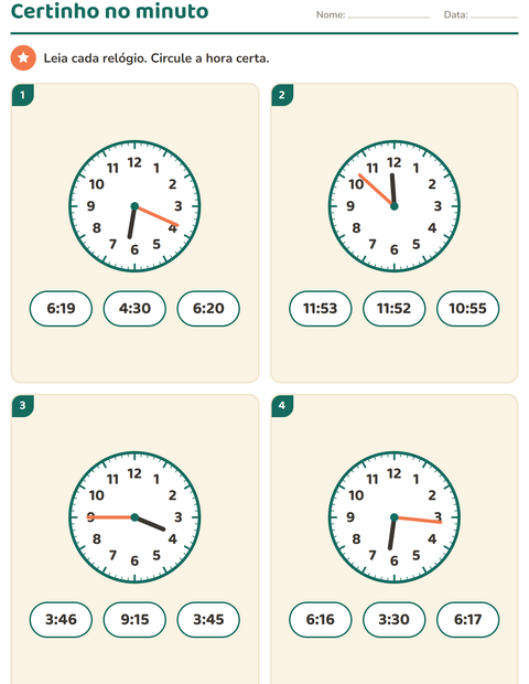 Pré-visualização da ficha de Ver as horas para 3º ano do ensino fundamental