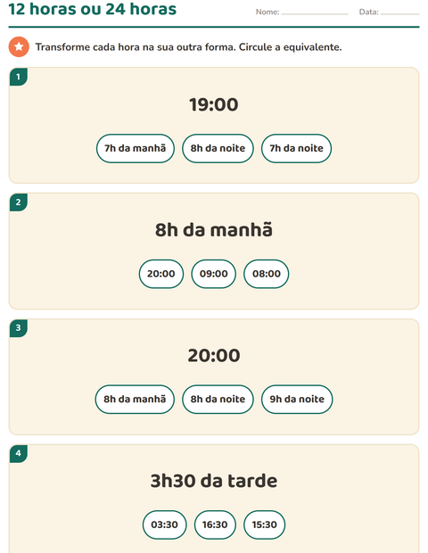 Pré-visualização da ficha de Ver as horas para 3º ano do ensino fundamental
