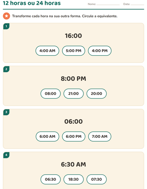 Pré-visualização da ficha de Ver as horas para 3º ano do ensino fundamental