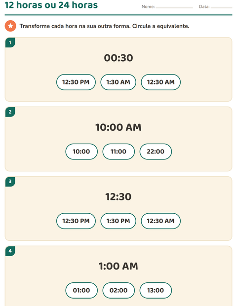 Pré-visualização da ficha de Ver as horas para 3º ano do ensino fundamental
