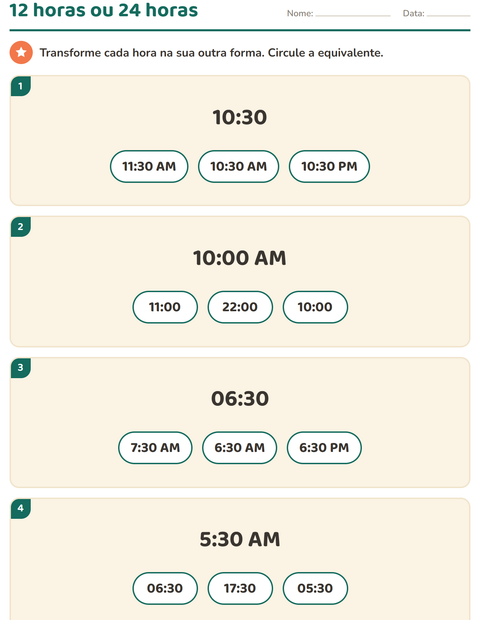 Pré-visualização da ficha de Ver as horas para 3º ano do ensino fundamental