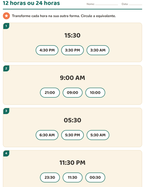 Pré-visualização da ficha de Ver as horas para 3º ano do ensino fundamental