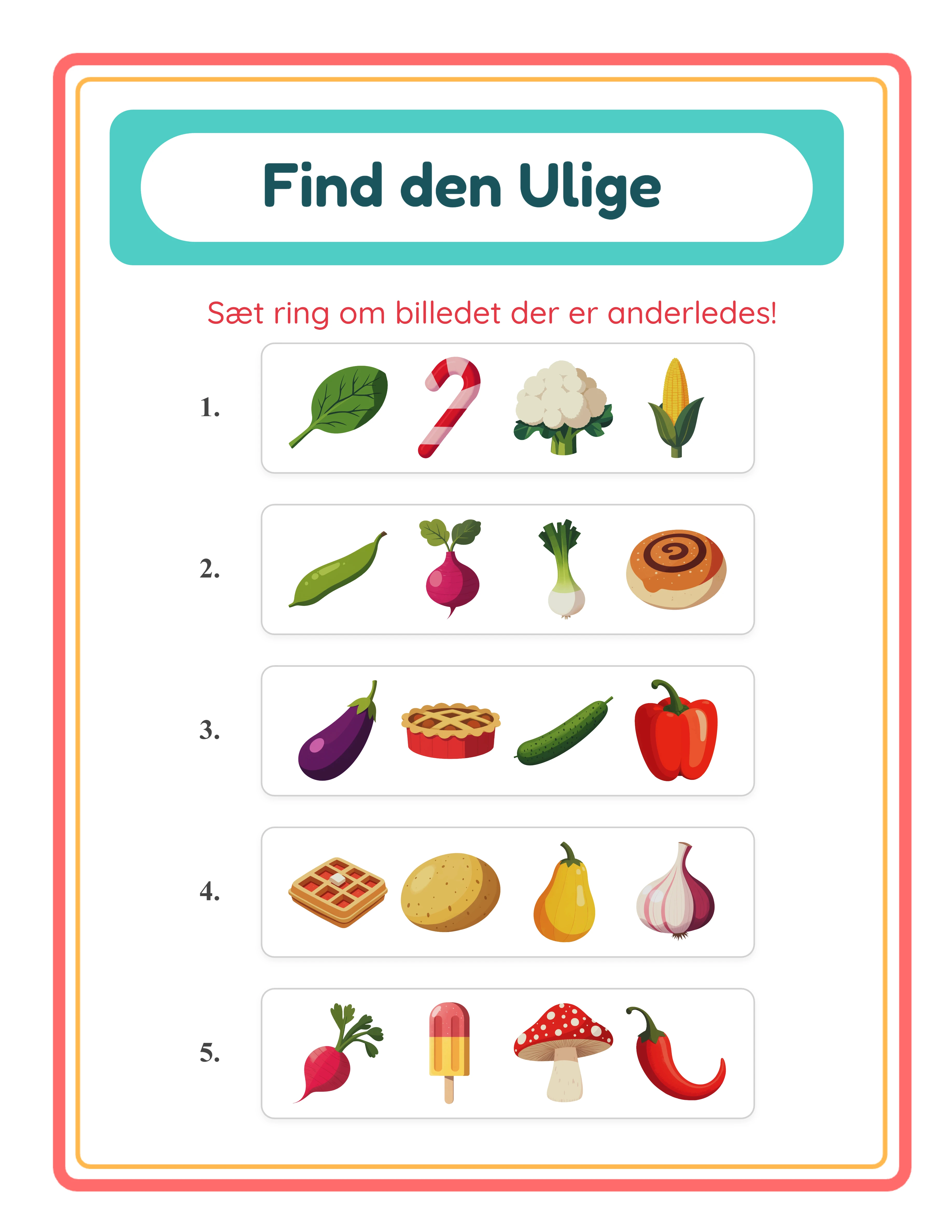 Eksempel Odd One Out-arbejdsark — prøv generatoren gratis