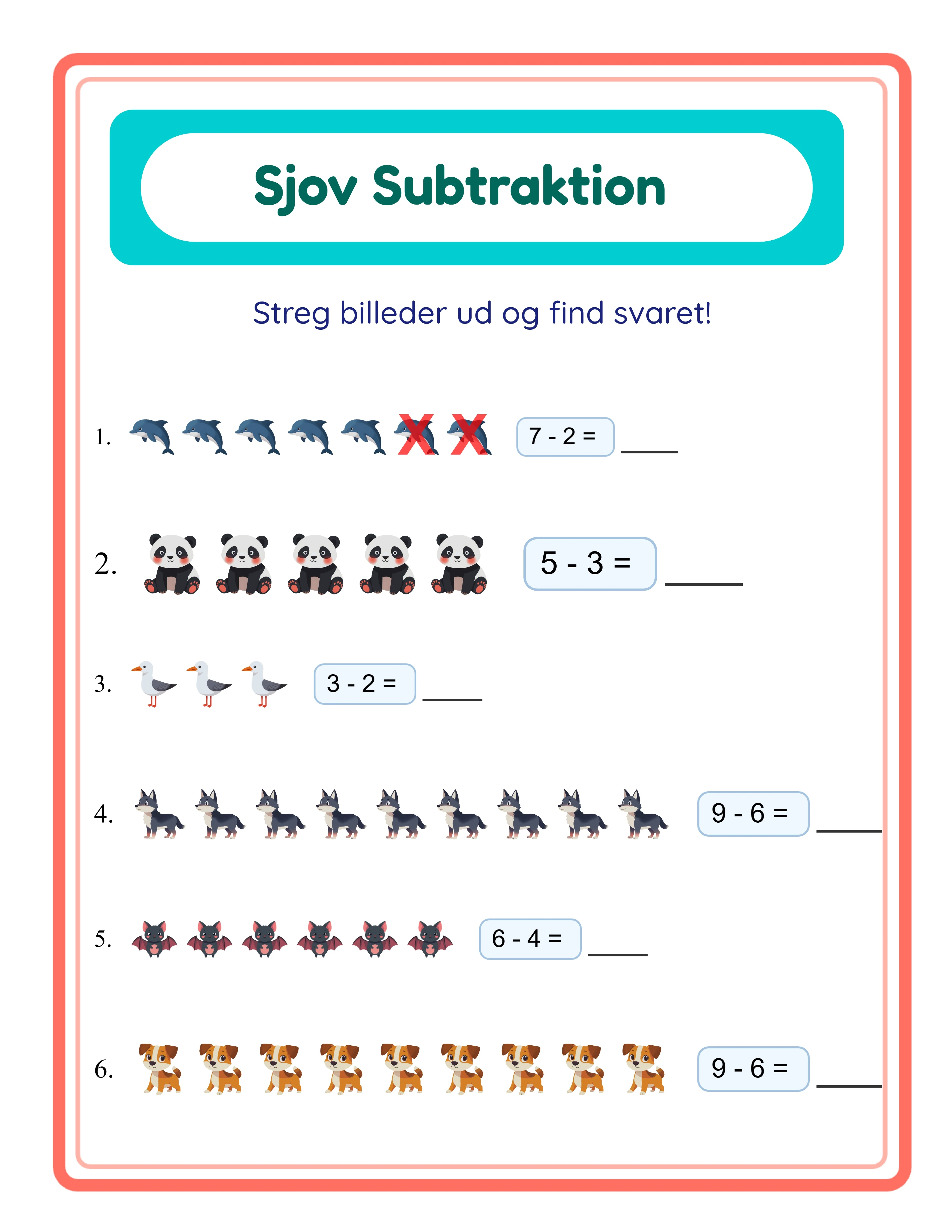 Subtraction-arbejdsark — theme 7