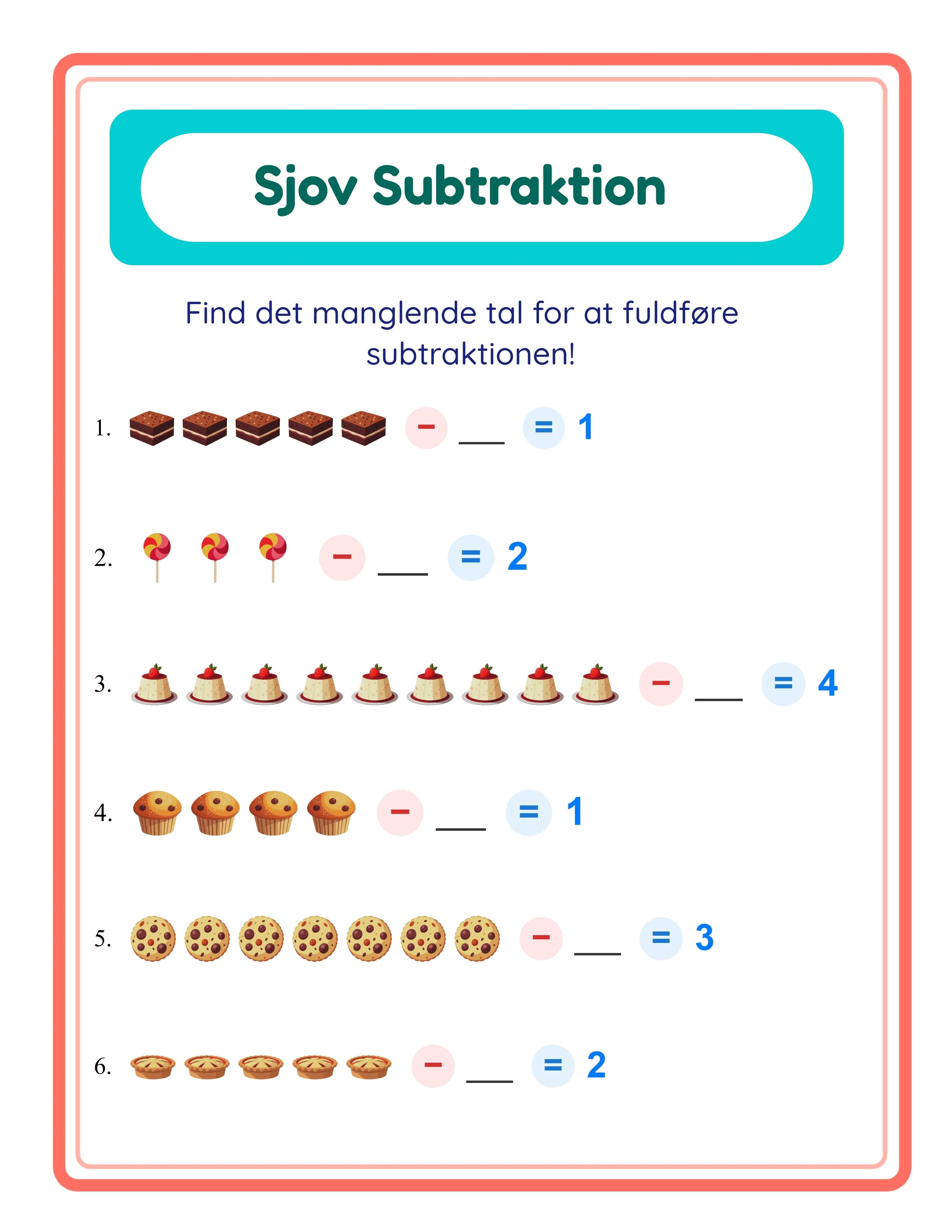 Subtraction printable worksheet — mixed problems with themed visuals