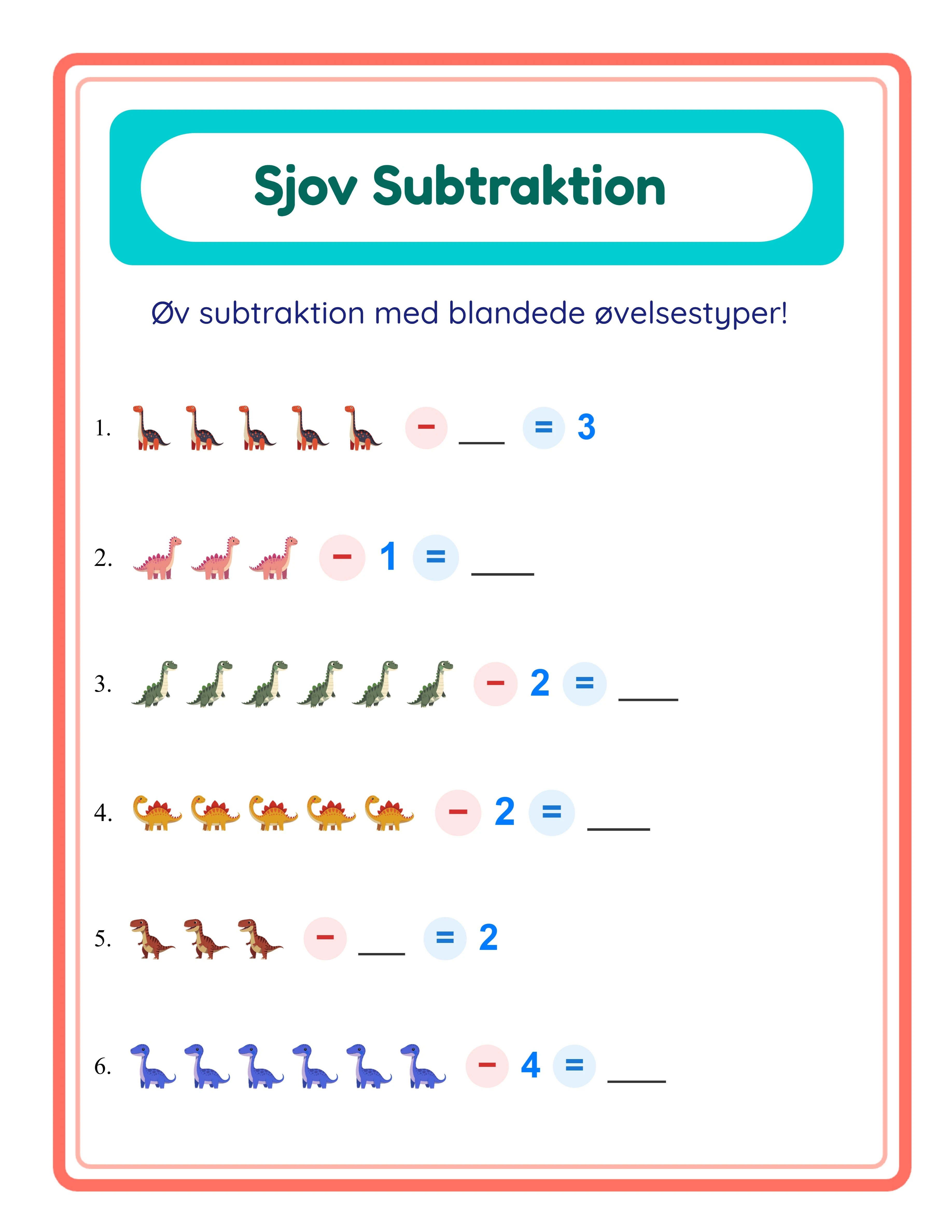 Featured subtraction printable worksheet — colorful themed pictures