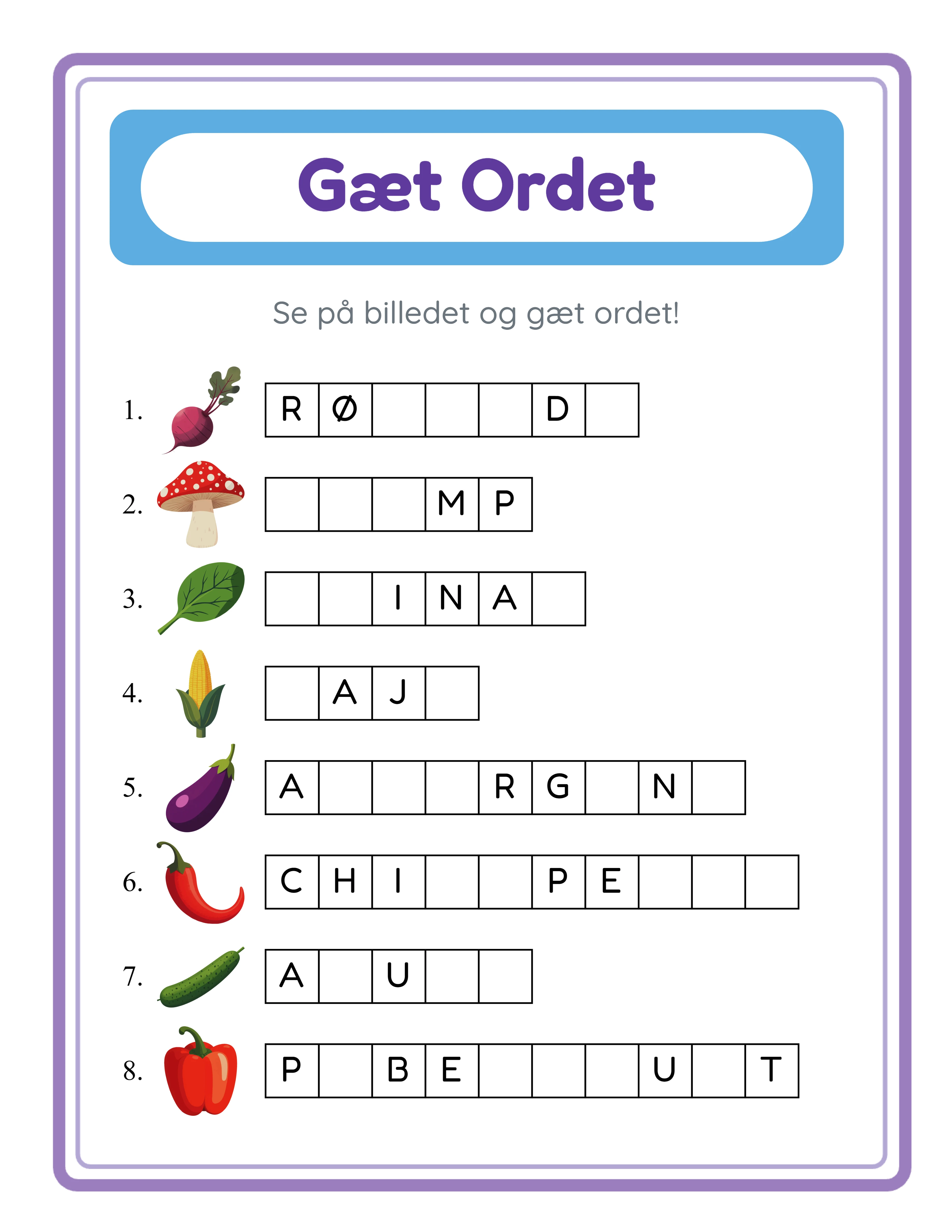 Word Guess printbar — tema Theme Pack B