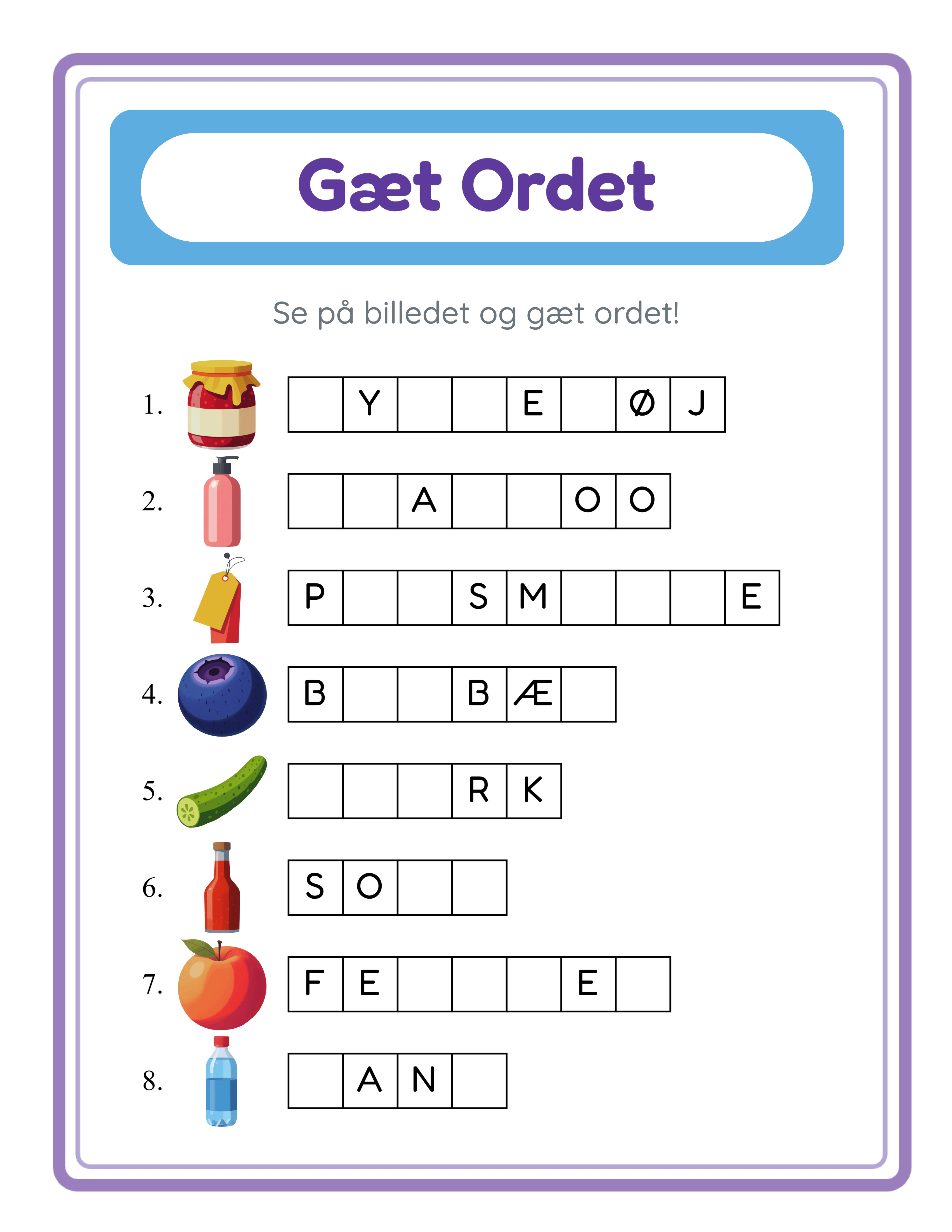 Eksempel Word Guess-arbejdsark — prøv generatoren gratis