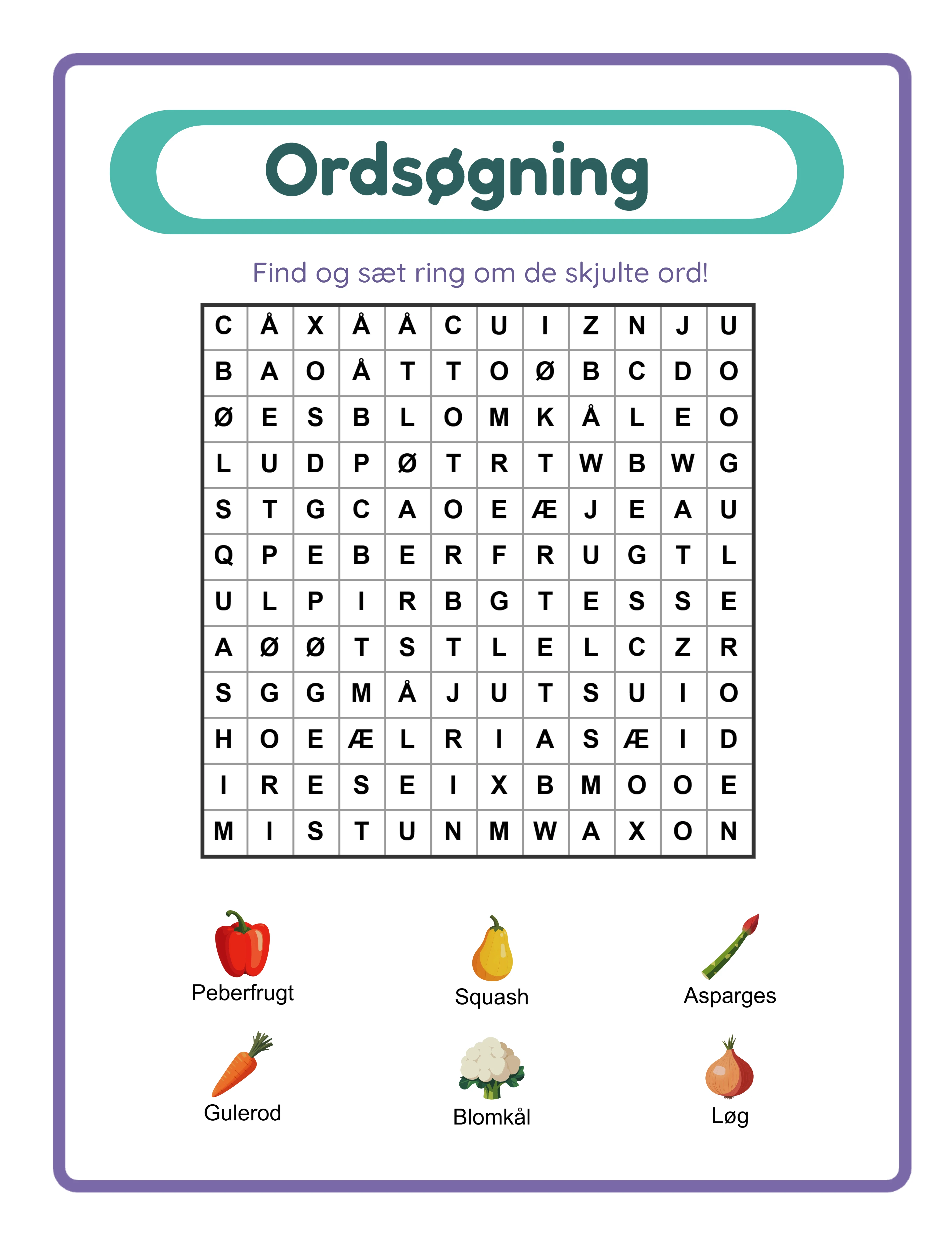 Eksempel Word Search-arbejdsark — prøv generatoren gratis