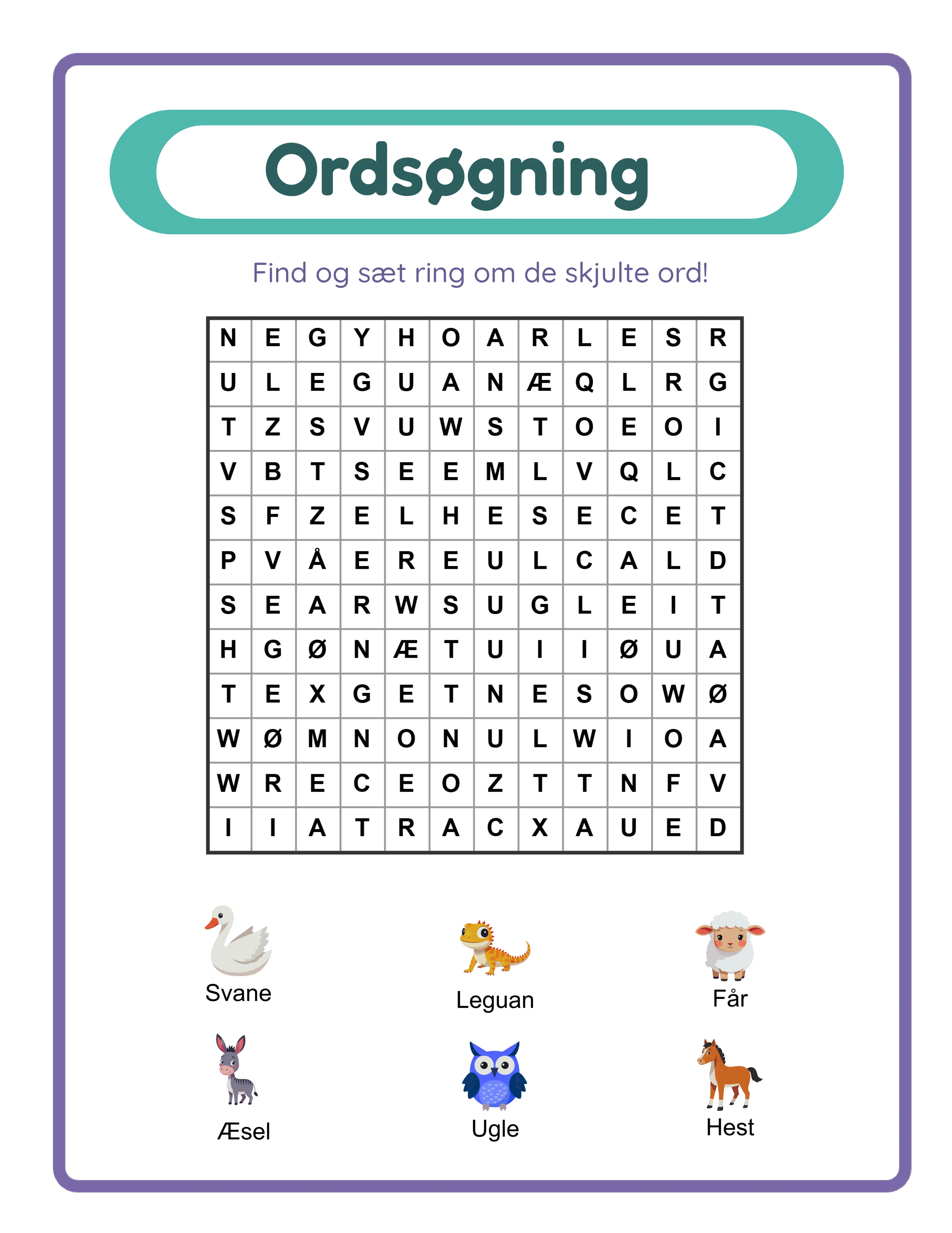 Ordsøgning begynderarbejdsark