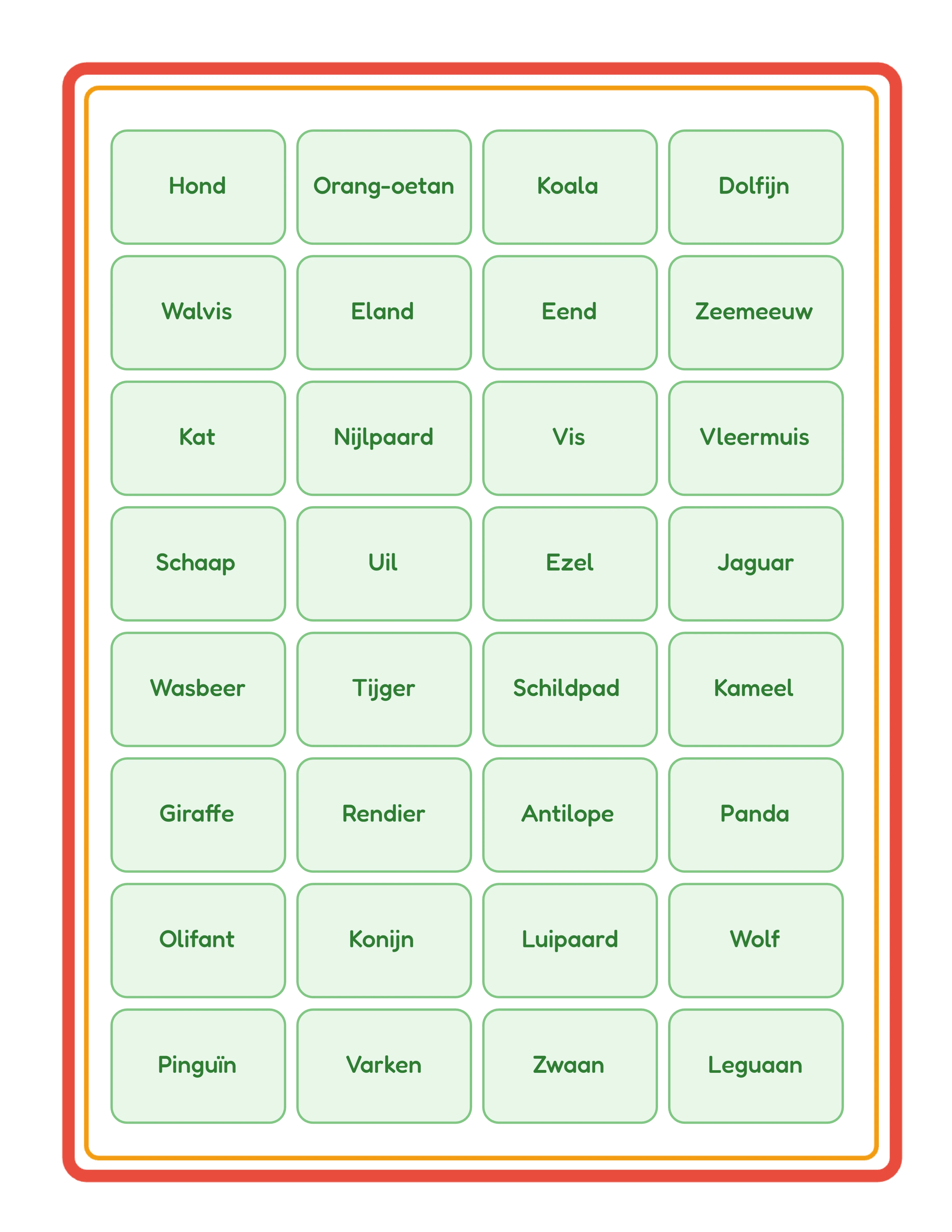 Bingo-afroepblad met dynamisch woordraster dat alle spelitems toont georganiseerd in kolommen voor de afroeper