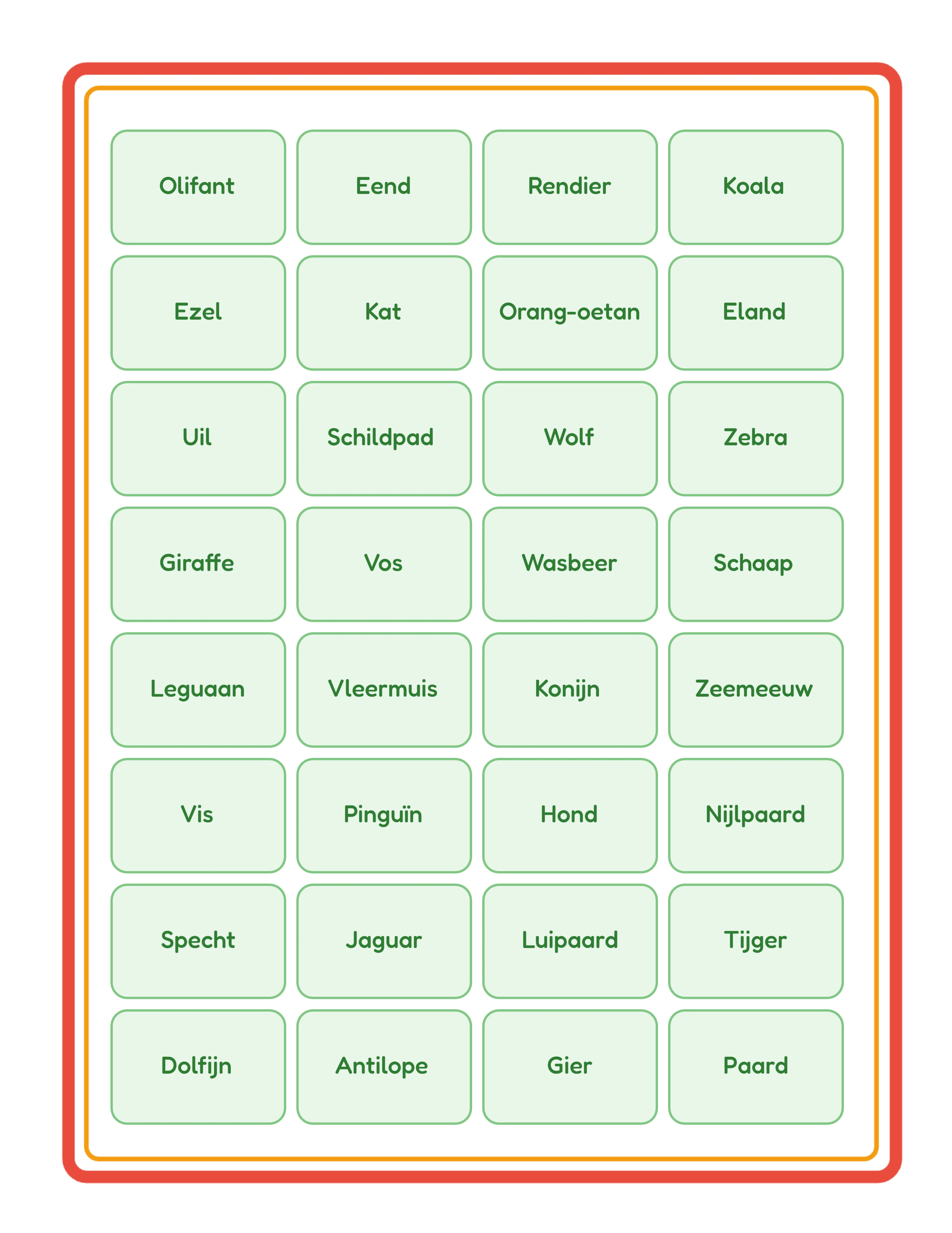 Tweede bingo-afroepblad met alle unieke woorden uit de afbeeldingenpool in een gecentreerd raster