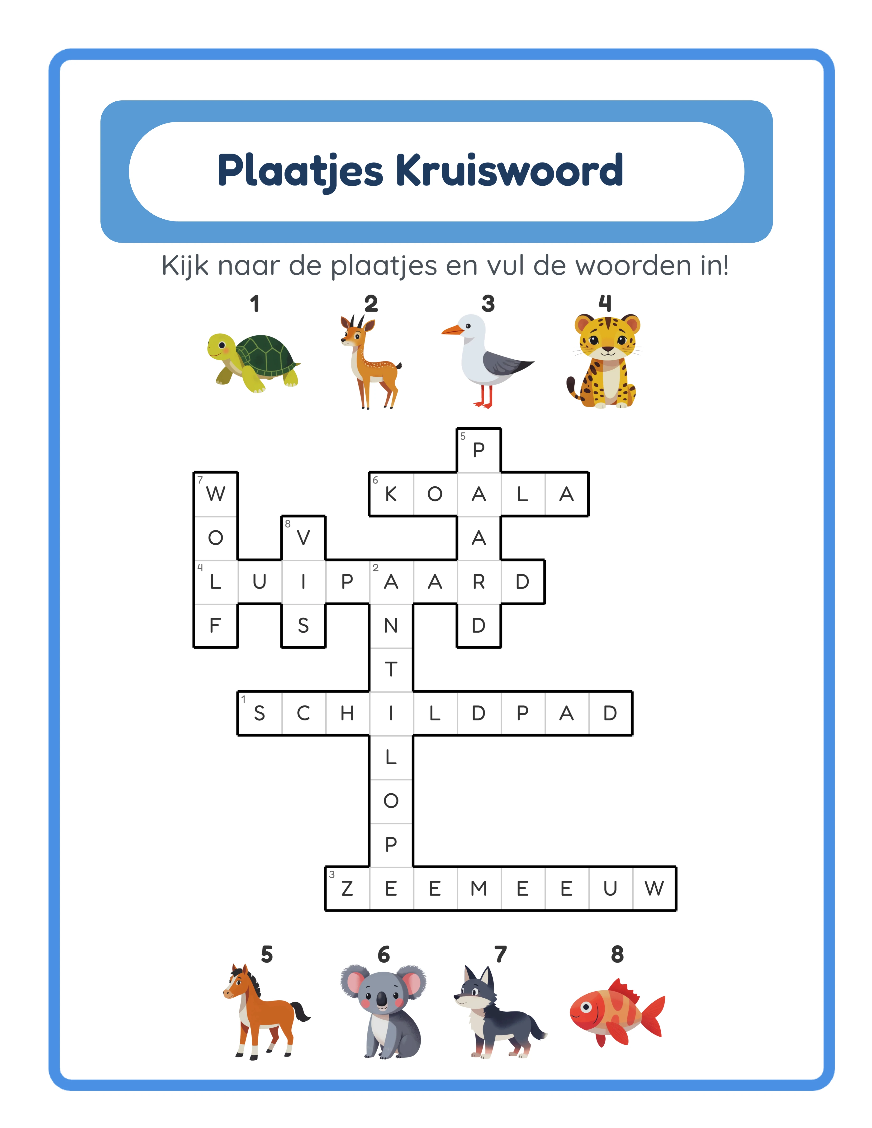 Kruiswoordpuzzel antwoordblad met alle correcte letters ingevuld in het 15×15 raster