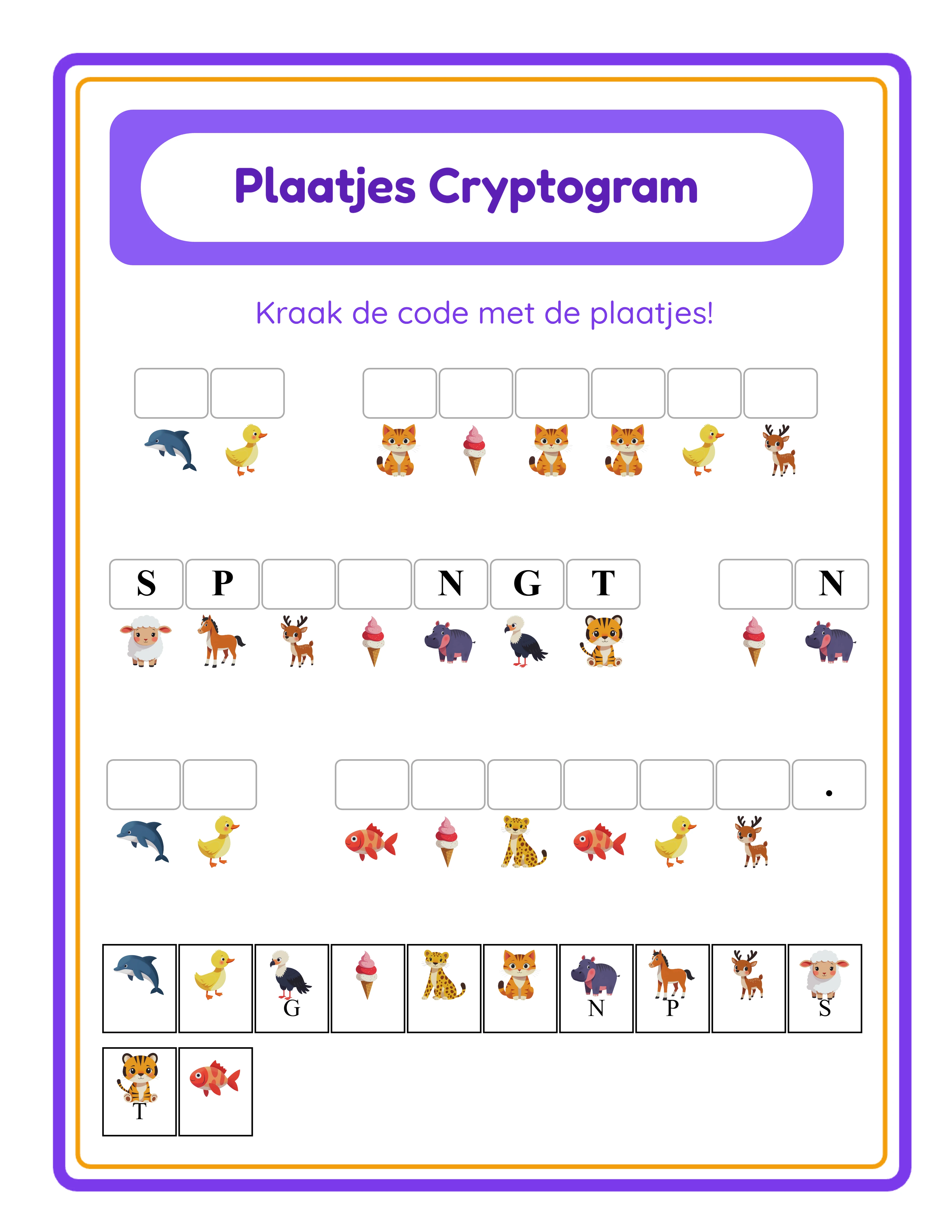 Cryptogram werkblad met plaatjescijfer waarbij thematische afbeeldingen aan alfabetletters zijn gekoppeld en een geheime zin coderen