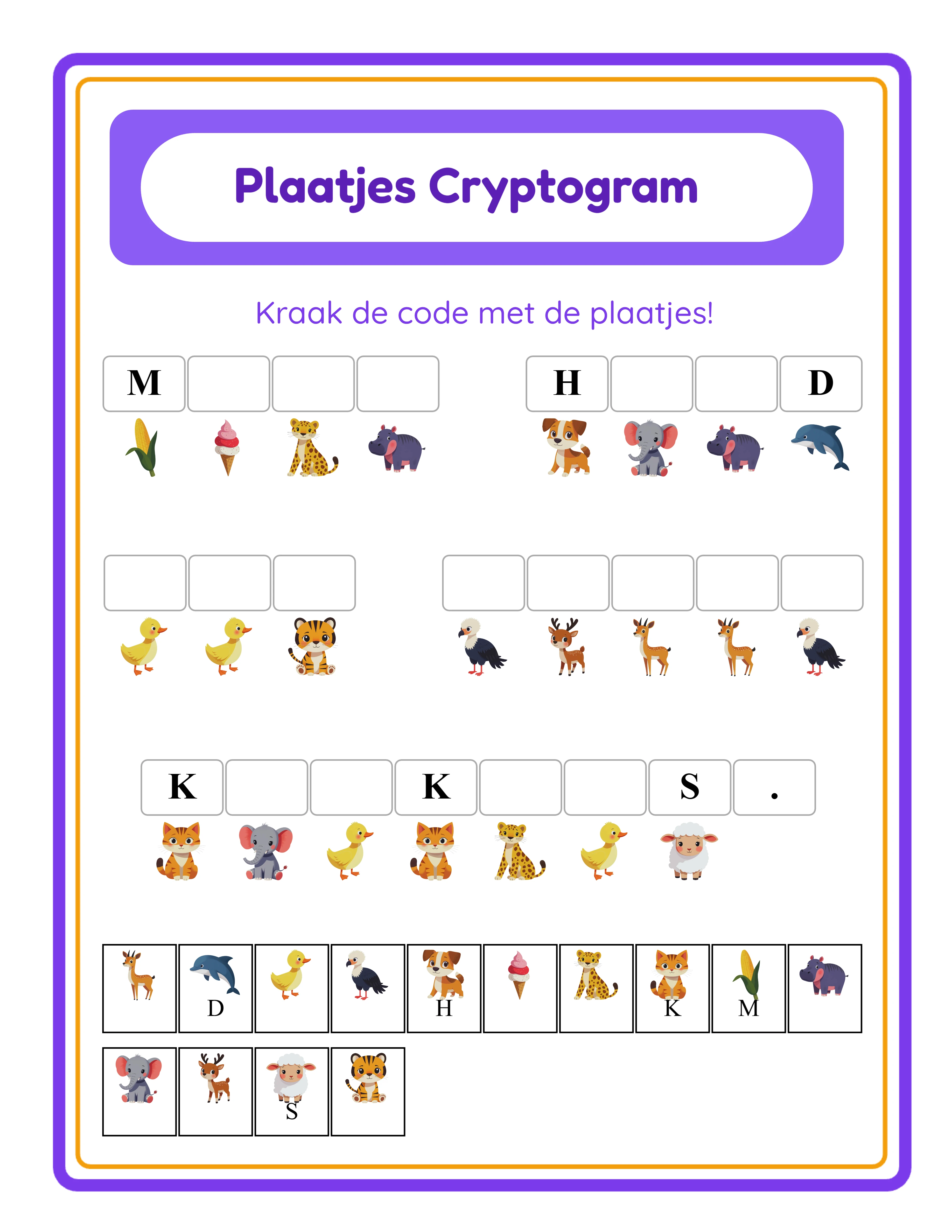 Cryptogram werkblad met dierenthema afbeeldingen en Letters Onthullen hints voor ondersteunde moeilijkheid