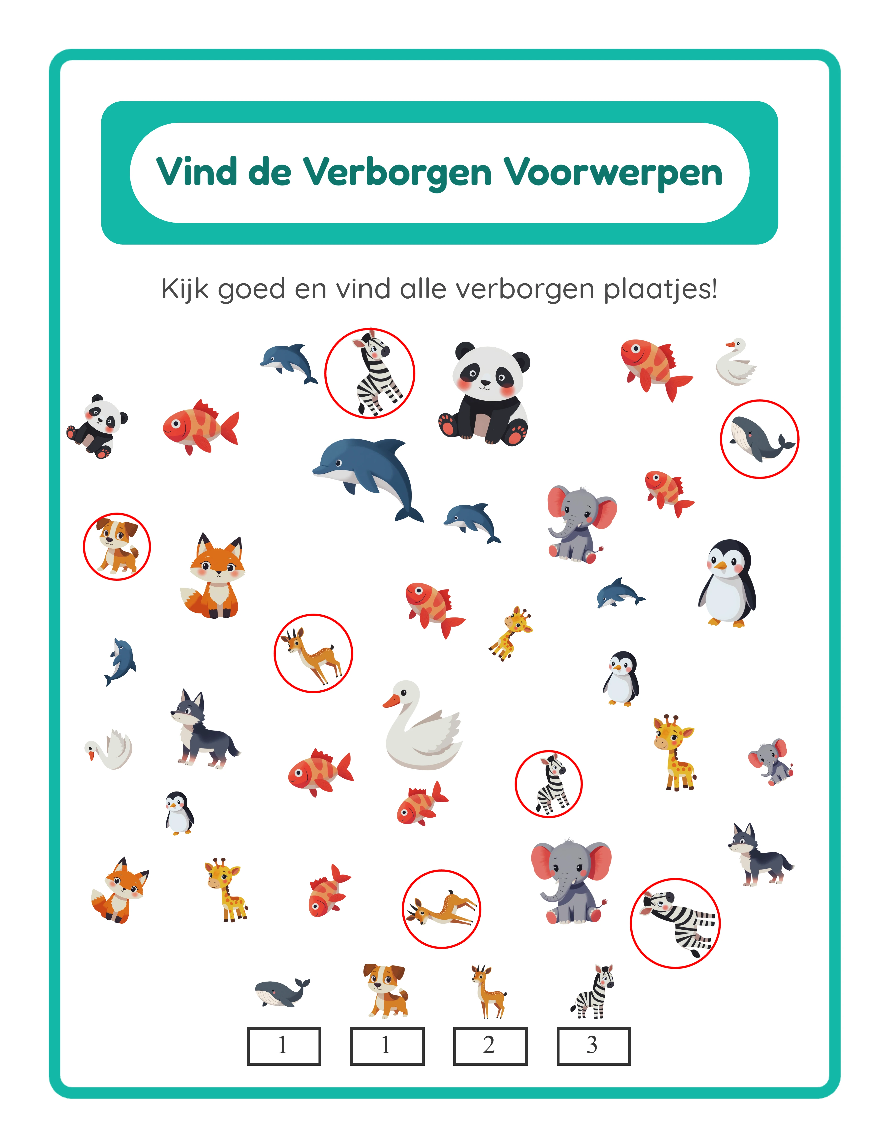 Verborgen voorwerp werkblad antwoordblad met rode cirkels getekend rond doelafbeeldingen, 3 tot 5 pixels groter dan elk object