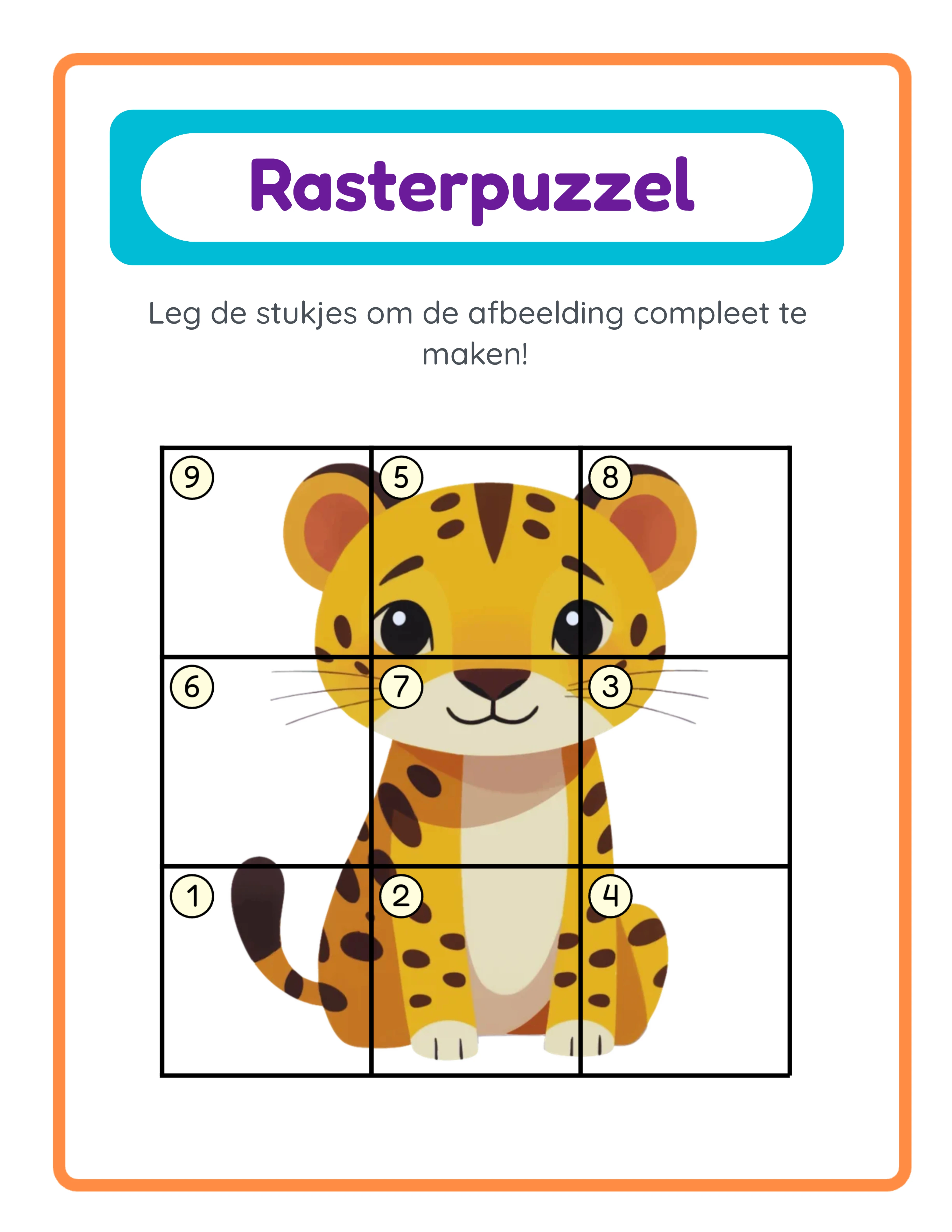 Rasterpuzzel antwoordblad met volledige afbeelding en genummerde gele cirkels over elke rastercel die correcte tegelplaatsing aangeven