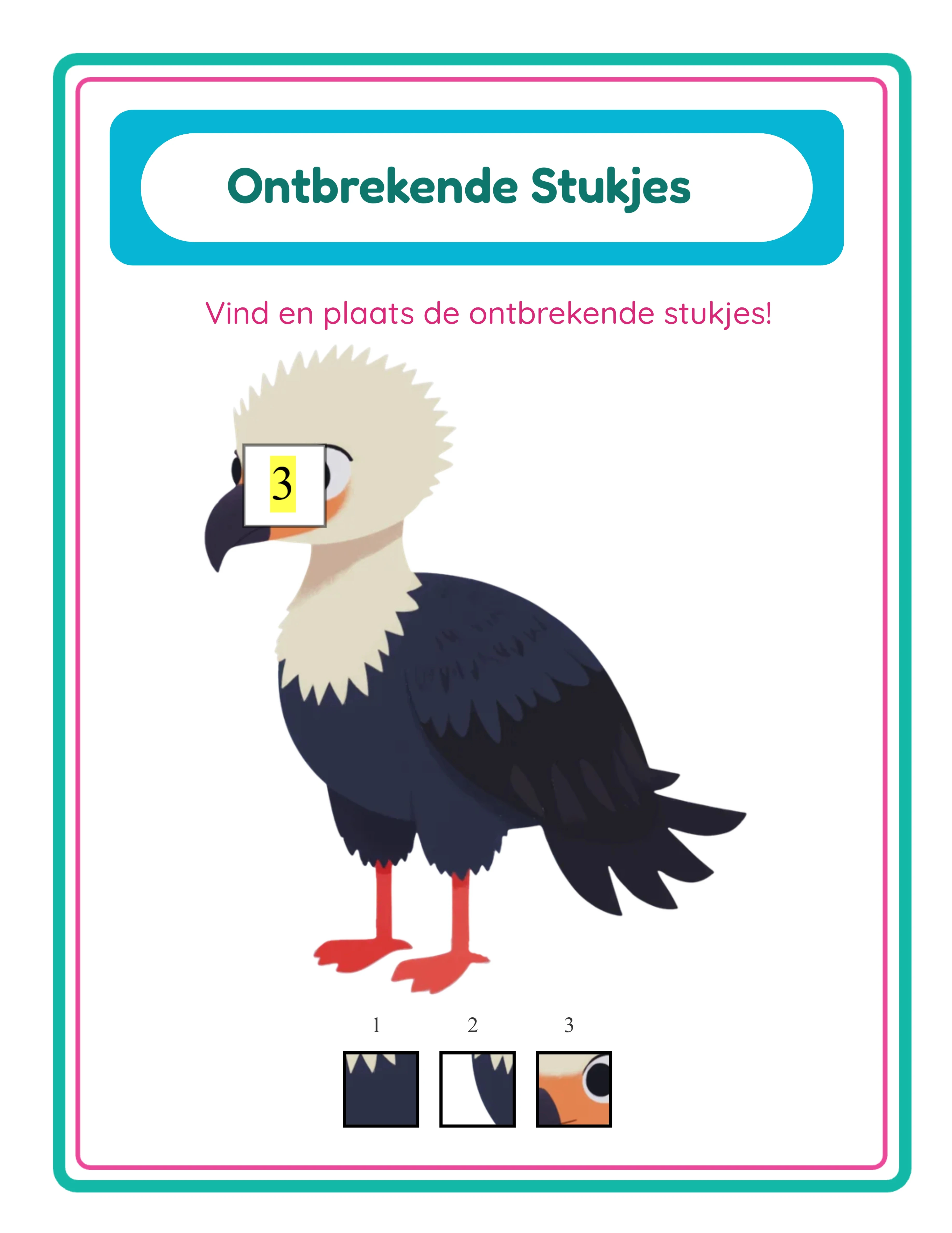 Ontbrekende stukjes puzzel antwoordblad met geel gemarkeerde nummerlabels geplaatst in elk gat die de correcte optie-index tonen